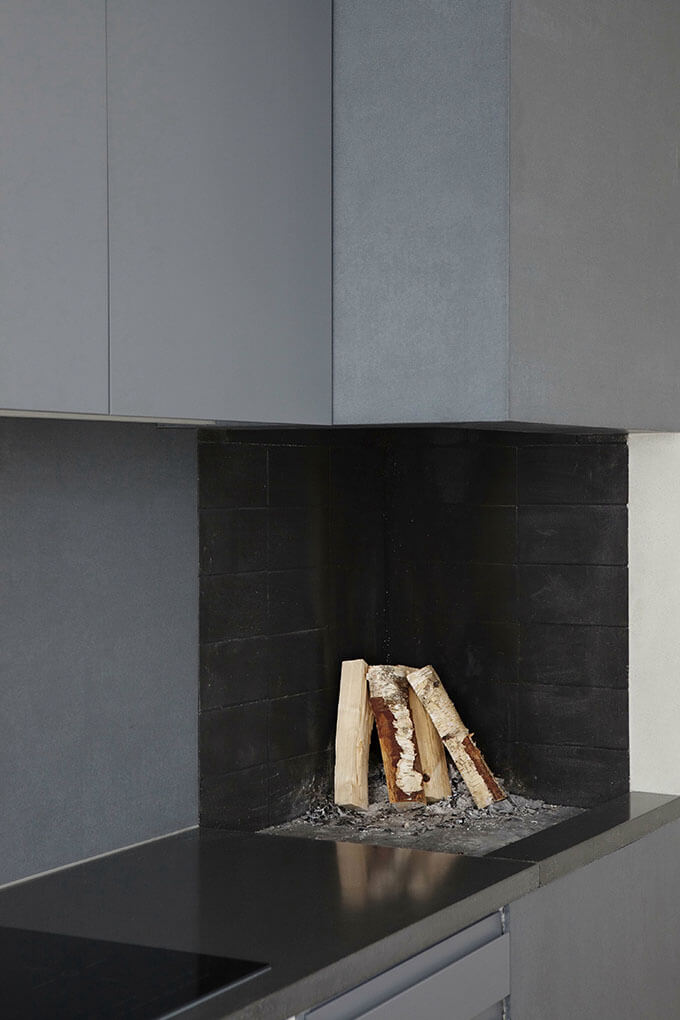 loft apartment kitchen fireplace